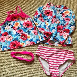 Amazon 4pc girls size 4 swim tankini, rashguard, bottom & headband pink floral